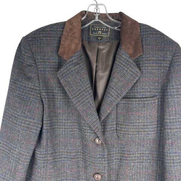 Express Suede Collar Wool Plaid Blazer Jacket Suede Gray Brown Size L - Picture 4 of 11